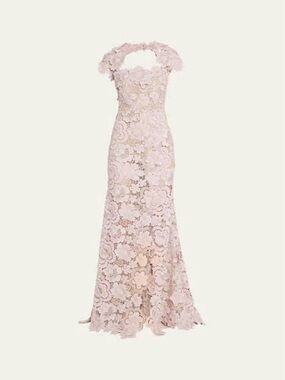 Reem Acra Floral Lace Short Sleeve Gown with Back Cut out